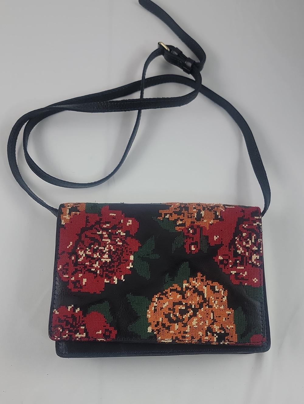 Patricia Nash Black Crossbody with Red and Orange Floral Embroidery